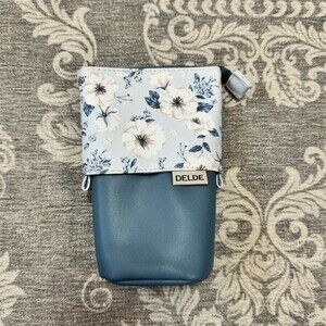 DELDE Slide Stand Pencil Case Floral Light Blue Pen Pouch
